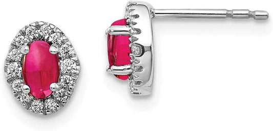 Real 14Kt White Gold Diamond & Cabochon Ruby Earrings