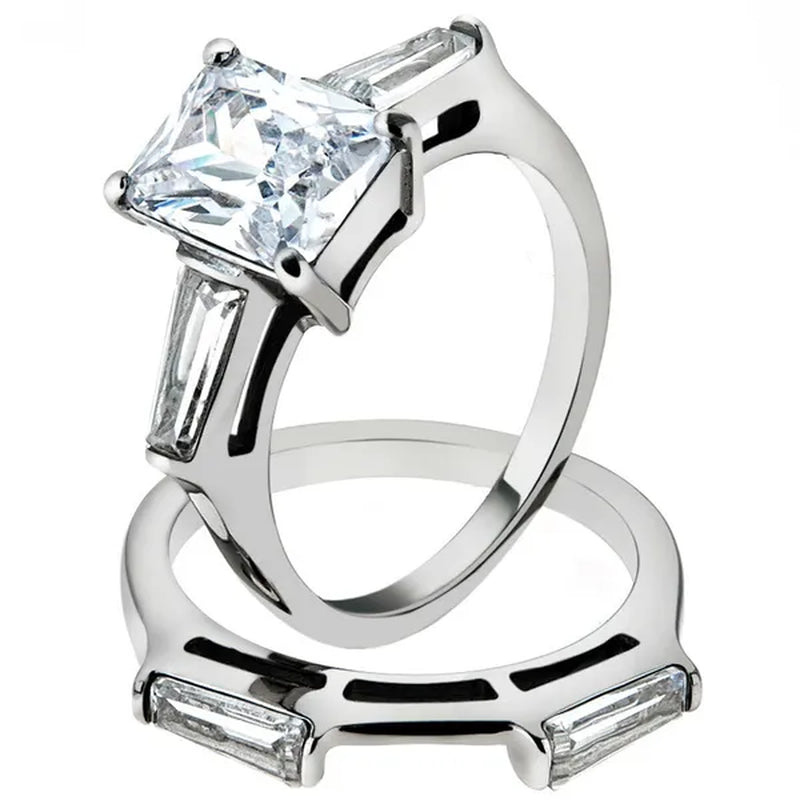 Women's Stainless Steel 316 Emerald Cut Zirconia Engagement Wedding Ring Set Size 5-10
