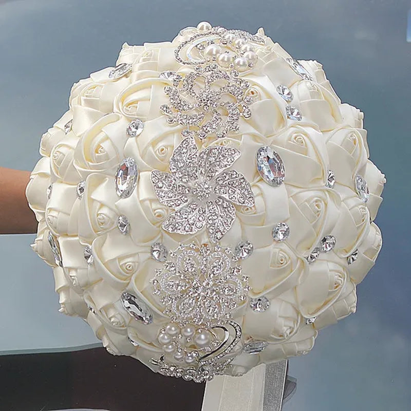 24CM Customized Silk Rose Wedding Bouquet Sapphire Blue Artificial Flowers Wedding Bridal Bouquet Luxury Crystal Pearl Brooch Bridesmaid Bride Holding Flowers