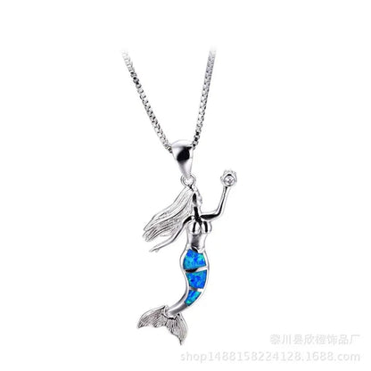 Heat! New Fashion Mermaid Fire Opal 925 Silver Pendant Necklace Bridal Personality Glamour Wedding Jewelry  5 colors