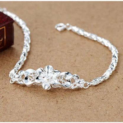 Fashion Beautiful 925 Sterling Silver Solid Flower Bracelet for Women Chain Charm Classic Wedding Jewelry Gift