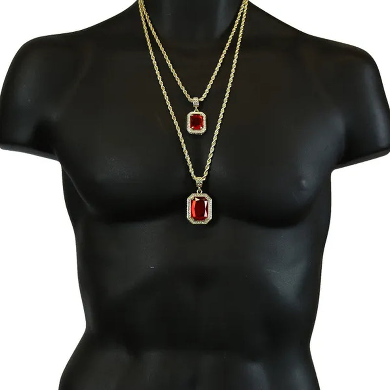 Men's 14k Gold Plated High Fashion 2 square Simulated Ruby Pendant  4mm 30" & 24" Rope chains Necklace