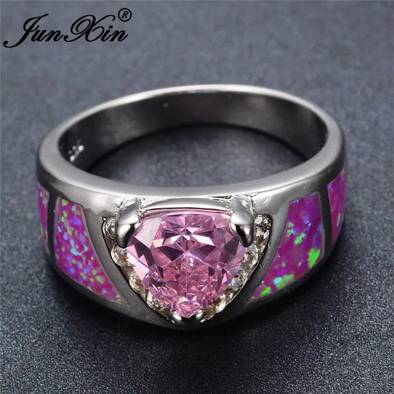 Junxin Triangular Heart Pink Sapphire Opal Ring 925 Sterling Silver Women Wedding Jewelry Size 6/7/8/9/10