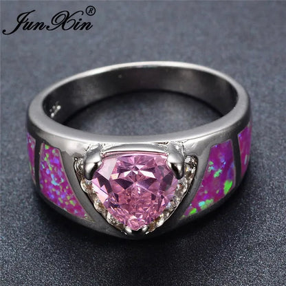 Junxin Triangular Heart Pink Sapphire Opal Ring 925 Sterling Silver Women Wedding Jewelry Size 6/7/8/9/10