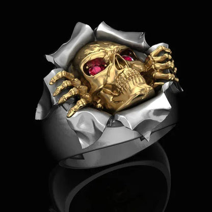 Unique Design Exquisite Men'S Two Tone Personality Jewelry Punk Gothic 316L Stainless Steel Silver & Gold Breaking Skull & Ruby Eyes Ring Engagement Wedding Band Jewellry Rings Size 6-13