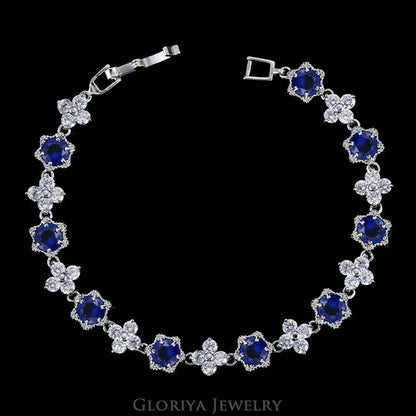 Gloriya Elegant Goddess Silver Plated Link Bracelet Cluster Flower Shape White and Blue AAA Grade Zircon Charm Tennis Bracelet for Women