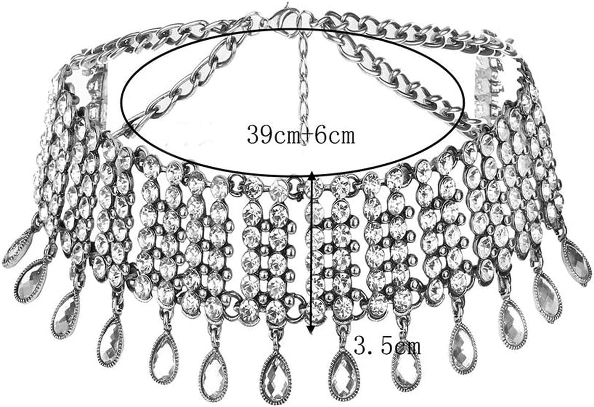 Vintage Boho Full Rhinestones Necklaces Tassel Jewelry Set Layered Pendant Statement Chunky Chain Necklace for Women