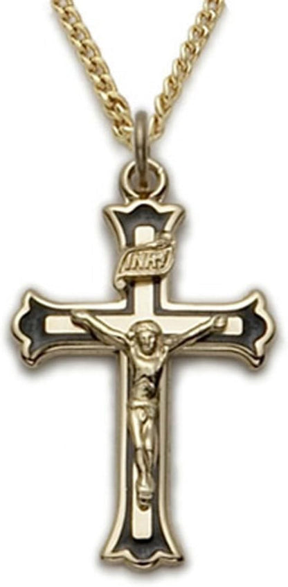 14KT Gold-Plated Sterling Silver Crucifix Cross Pendant Necklace Black Enameled, Religious Jewelry, 1 Inch