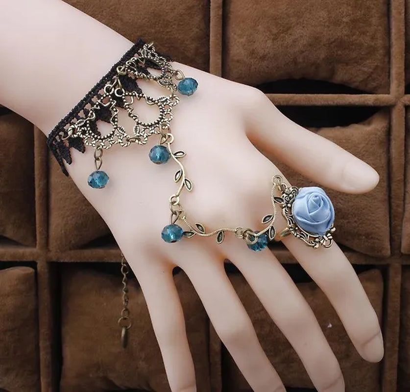 Victorian Style Black Lace Floral Rose Flower Link Chain Slave Bracelet Ring Set Goth