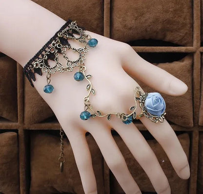 Victorian Style Black Lace Floral Rose Flower Link Chain Slave Bracelet Ring Set Goth