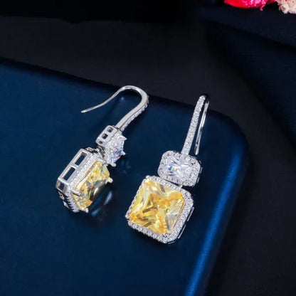 Gloriya Brilliant Sparkly Micro Cubic Zirconia Pave Citrine Square Drop Dangle Hook Earrings Jewelry for Women Fashion Accessory