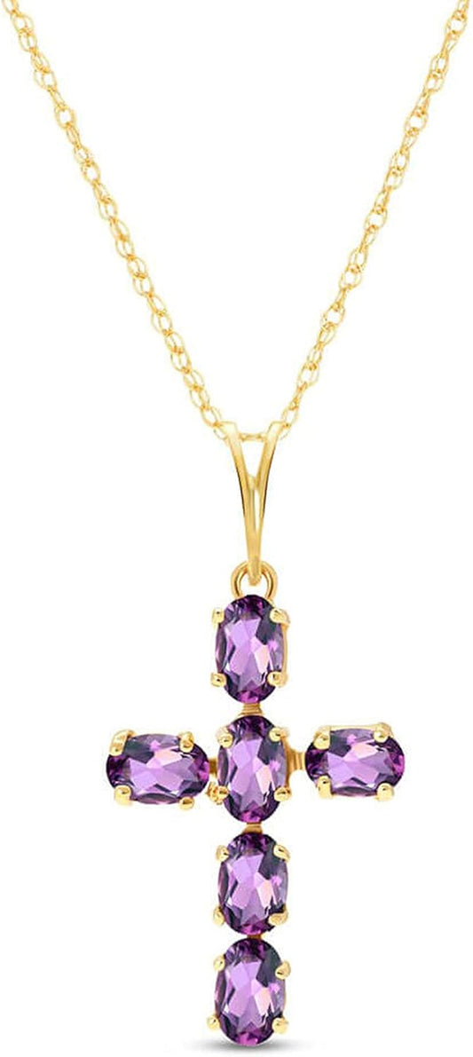 14K Gold Natural Purple Amethyst Cross Pendant Necklace