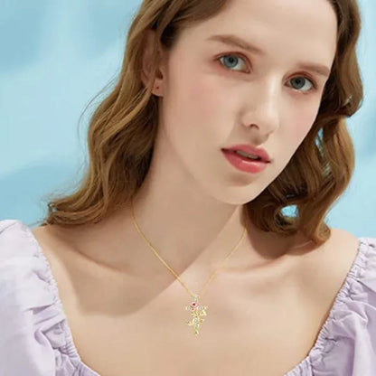 Elegant Fashion Creative Cross Rose Necklace Natural Crystal Cross Diamond Necklace Religious Cross Flower Pendant Women'S Necklace Wedding Pendant Birthday Party Anniversary Gift