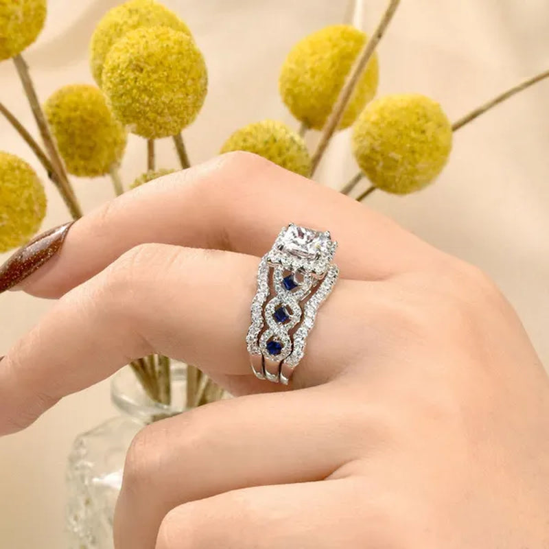 Newshe 3Pcs Princess Halo CZ Wedding Engagement Ring Sets Vintage Style Bridal Sets for Women 925 Sterling Silver Sz 4.5-13