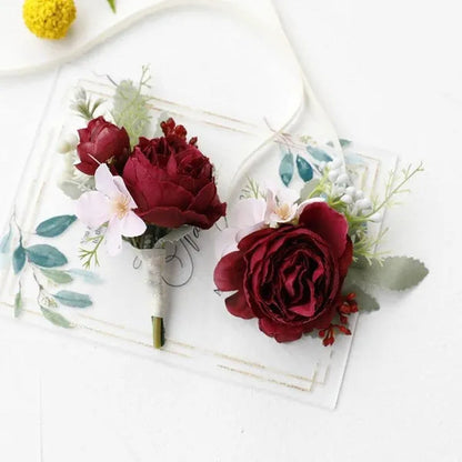 4Pcs Peony Wrist Corsages Bride Wristlet Band Bracelet Men Boutonnieres Set for Wedding Flowers Mother of Bride and Groom, Party Prom Flowers