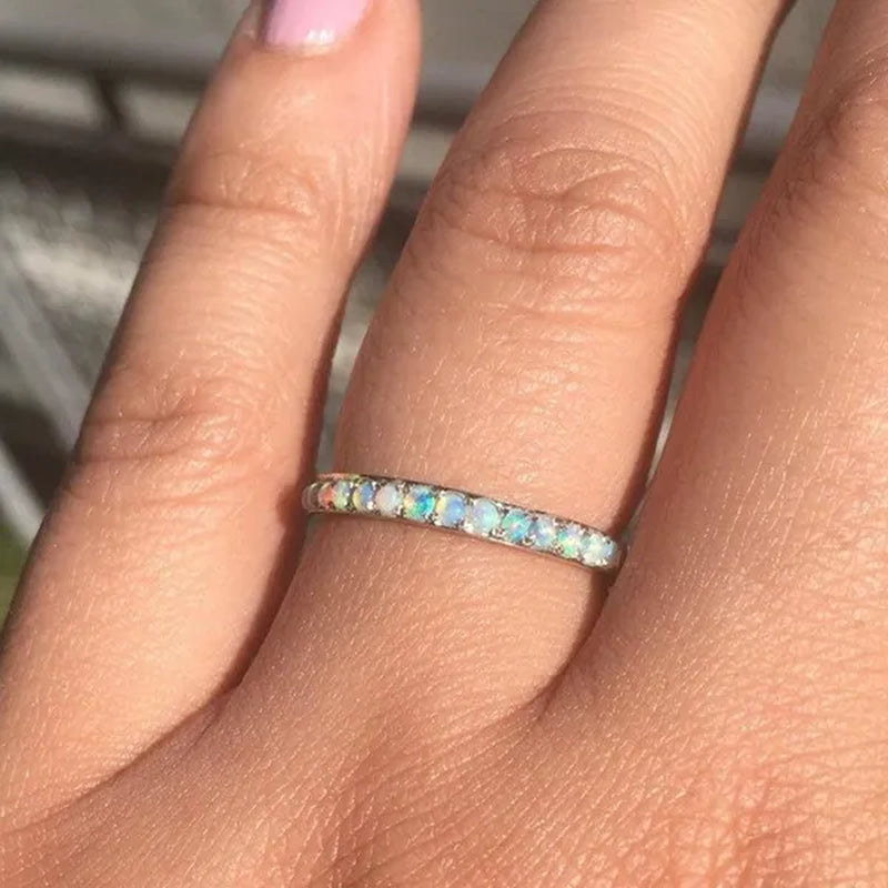 Women's Fashion Exquisite 925 Sterling Silver Natural White Opal Eternity Diamond Ring Elegant Female Birthday Party Jewelry Romantic Princess Proposal Engagement Anniversary Gift Stackable Rings for Women Bride Wedding Band Size 4-12 Bague Femme