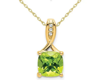 2.00 Carat (Ctw) Natural Cushion-Cut Peridot Pendant Necklace in 14K Yellow Gold with Chain