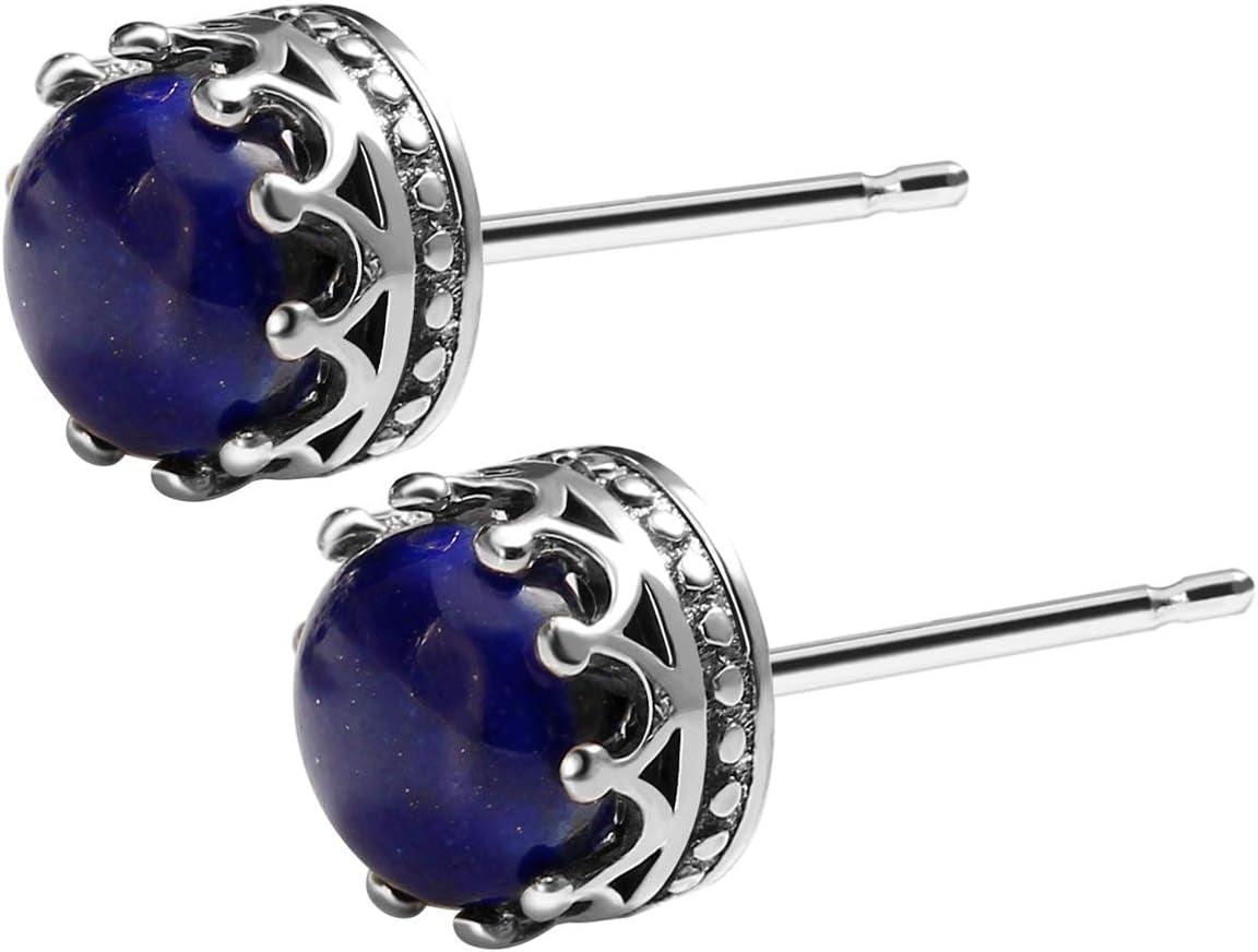 925 Sterling Silver Inlay Gemstone Earrings Crown Design Healing Crystals Studs for Woman Gift