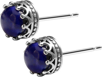 925 Sterling Silver Inlay Gemstone Earrings Crown Design Healing Crystals Studs for Woman Gift
