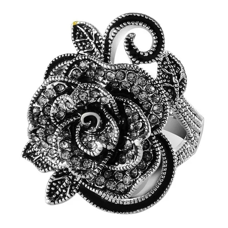 US/UK Trendy Women Retro Rose Flower Ring Black Crystal Vantige Big Flower Rings Jewelry Gift