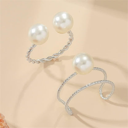 2Pcs Shell Pearl Adjustable Wedding Statement Rings for Women Girls Silver Plated Expandable Twisted Layered Open Wrap Rings Comfort Fit Fashion Delicate Birthday Christmas Party Jewelry Gifts