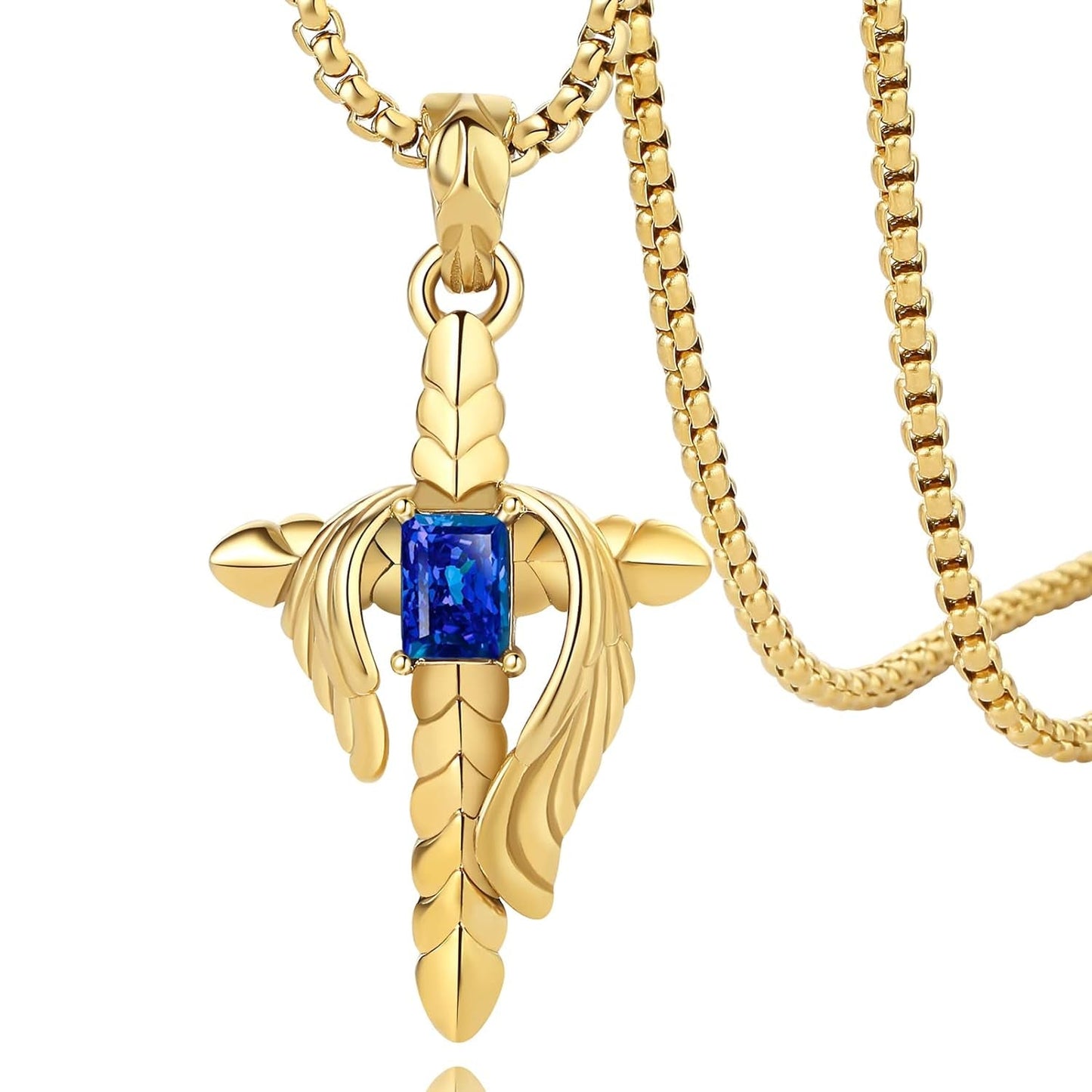 Cross Necklace for Men Women, Angel Wings Stainless Steel Pendant with Created Sapphire Blue Stone, 14K Gold Plated Titanium Steel, Inspirational Faith Jewelry Gifts, 24 Inches Chain (Gold)