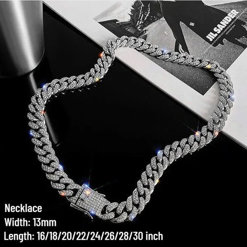 24K Gold / 925 Silver / Rose Gold Stainless Steel Hip Hop Jewelry Iced Out Diamond Thick Miami Cuban Link Chain Necklace Bracelet Watch for Men'S and Women'S Party Jewelry Set Nightclub Bar Fashion Accessories