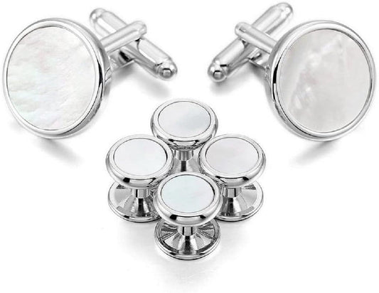 Mens Silver and White Mother of Pearl Tuxedo Cufflinks Studs Formal Set with Travel Presentation Gift Box