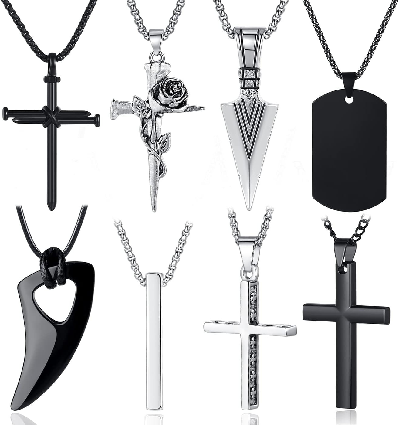 8 Pcs Necklace for Men, Mens Necklaces Jewelry Set, Black and Silver Stainless Steel Necklace, Cross Pendant Necklace, 16-24 Inches Chain
