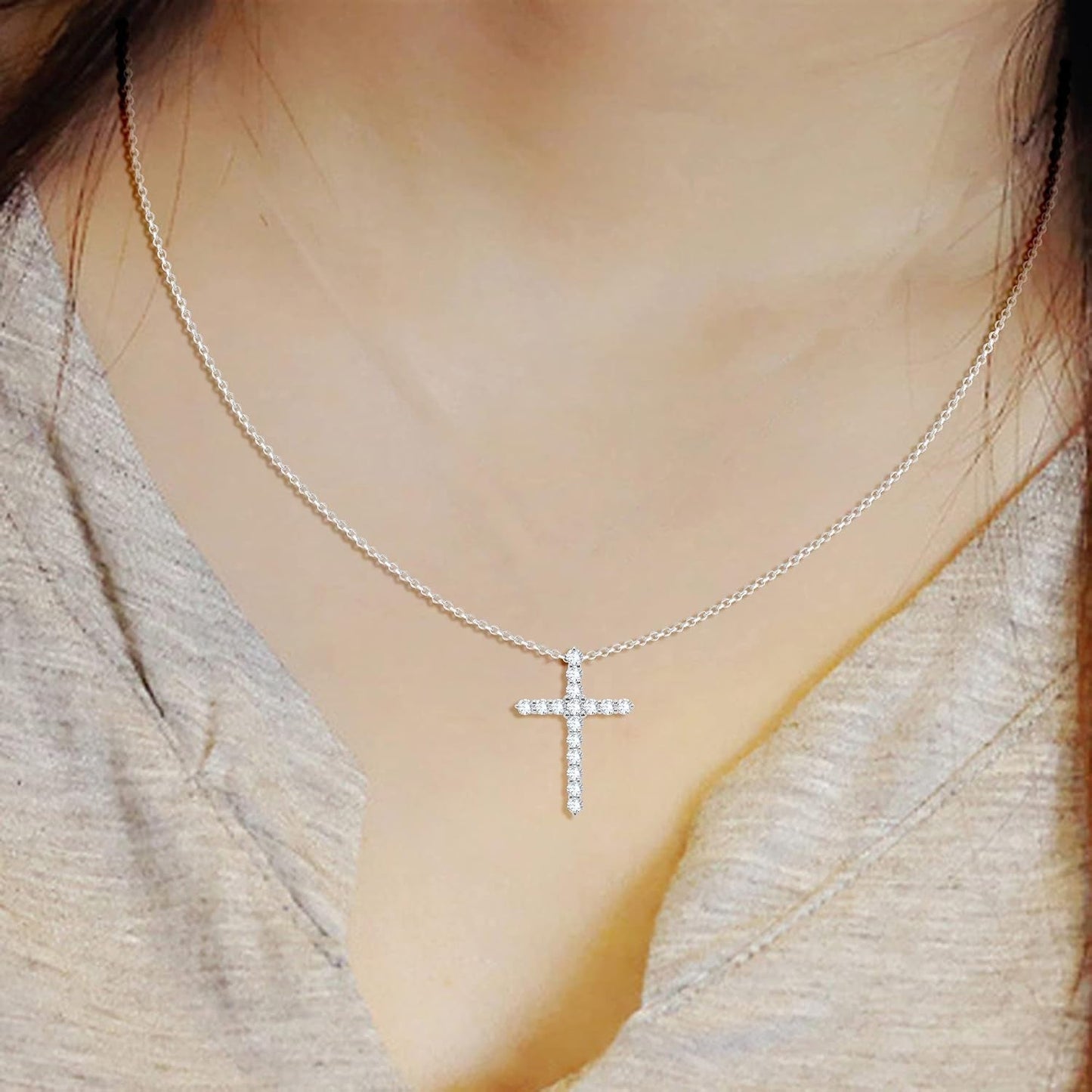1.14 Ct round Cut Natural Diamond Religious Cross Pendant with 18" Chain in 10K Real Solid White Gold (Clarity I2-I3, Color I-J) Mother'S Day Gifts