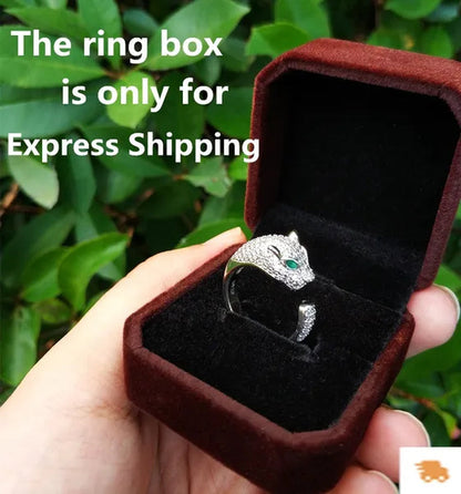Personality 925 Sterling Silver Plated Jaguar Rings with Green Rhinestone Eyes Animal Fashion Costume Rings for Men and Women