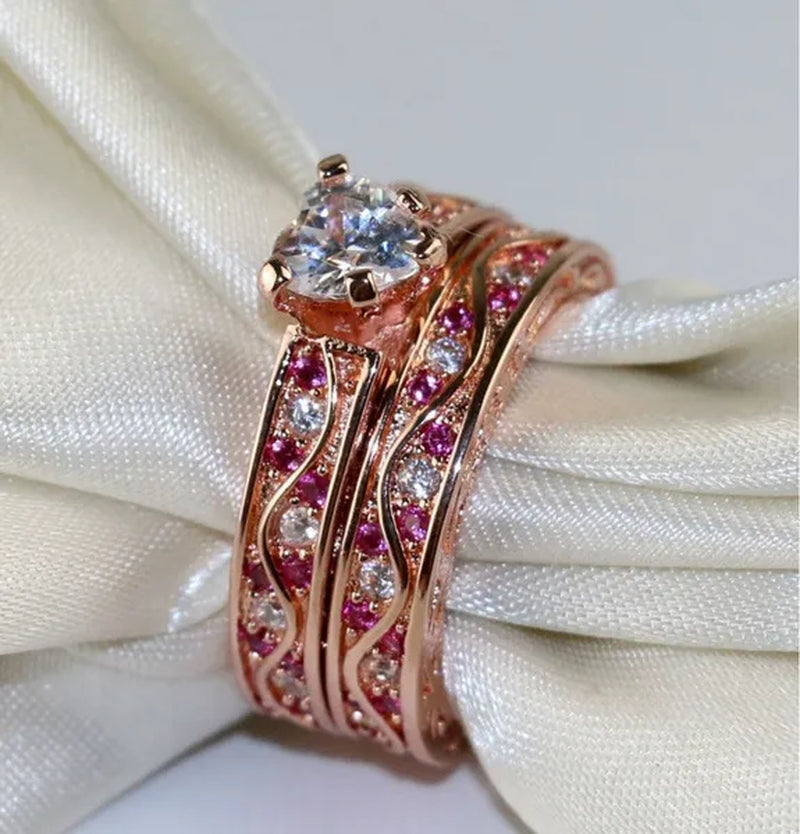 Two Rings Couple Rings Titanium Steel Band 10kt Rose Gold Filled Cocktail Heart Zircon Ruby Women's Wedding Ring Sets