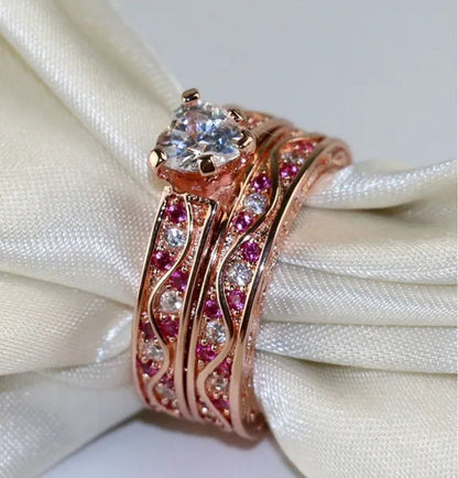Two Rings Couple Rings Titanium Steel Band 10kt Rose Gold Filled Cocktail Heart Zircon Ruby Women's Wedding Ring Sets