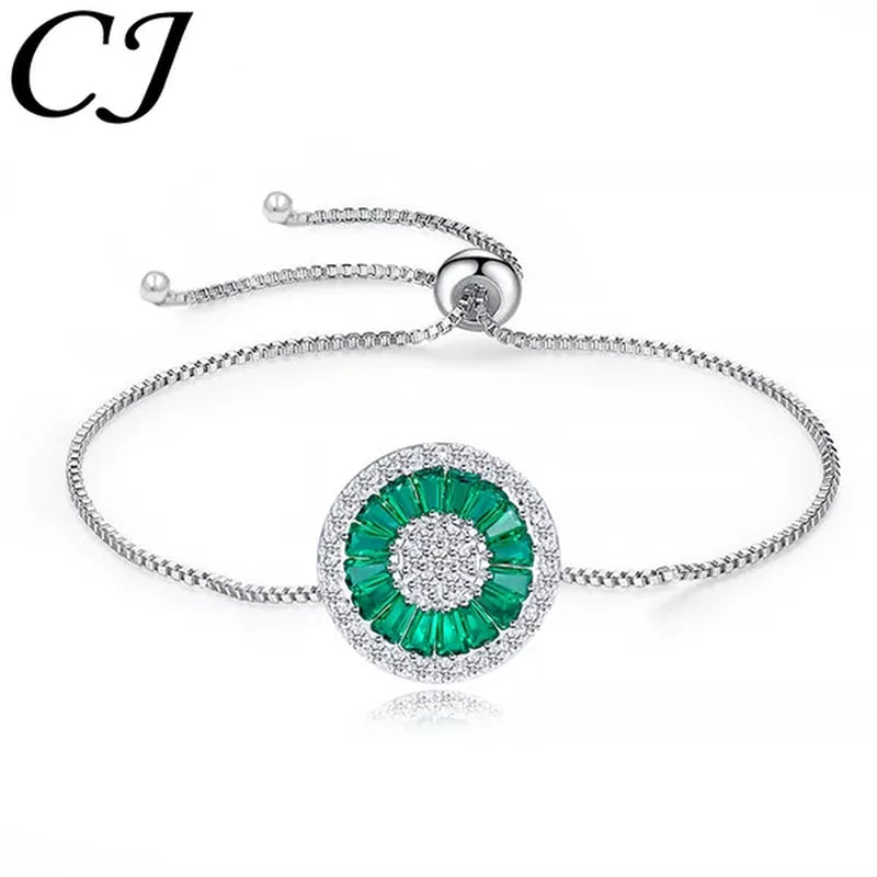 CANDICE Fashion Green round Charm Adjustable Slider Bracelet Bangle for Women White Gold Plated Cubic Zirconia Jewelry