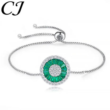 CANDICE Fashion Green round Charm Adjustable Slider Bracelet Bangle for Women White Gold Plated Cubic Zirconia Jewelry