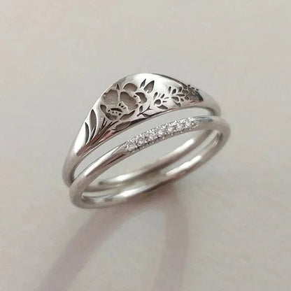 2Pcs/Set Women'S Fashion Jewelry Exquisite 925 Sterling Silver Ring Personality Carved Rose Flower Stackable Diamond Wedding Rings Set Beautiful Princess Bride Proposal Engagement Cocktail Party Accessories Anniversary Gift Size US4-12 Bague Femme