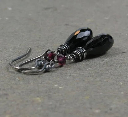 Black Spinel Earrings Pink Tourmaline Long Earrings