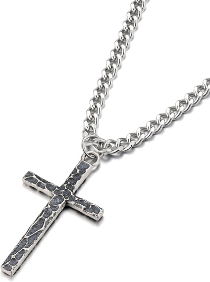 925 Sterling Silver Cross Necklace Men - Oxidized Hammered Cross Pendant with Stainless Steel Cuban Link Curb Chain Vintage Unique Crucifix Necklaces Silver Jewelry for Mens Women 16-30 Inches