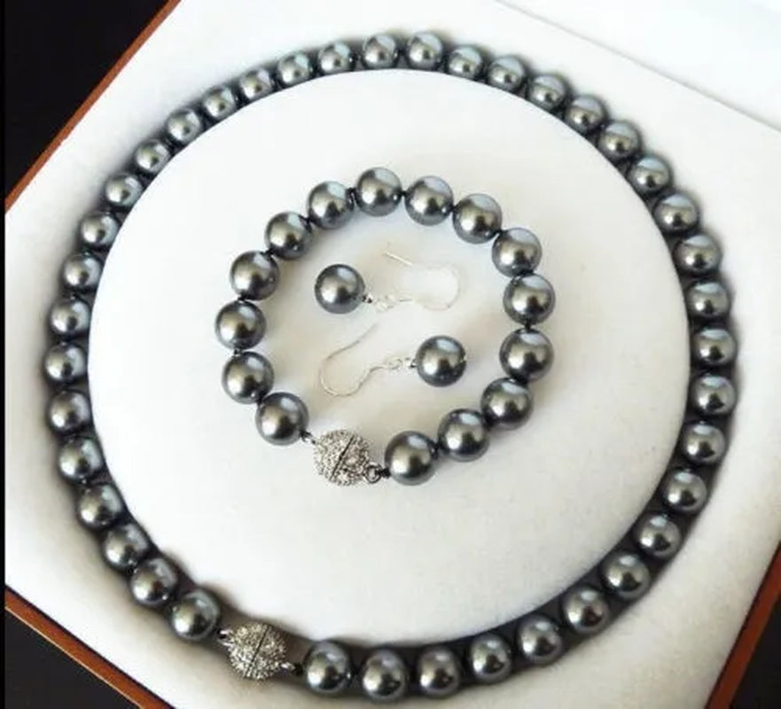 Hot sales 8mm white black brown color south sea shell pearl necklace bracelet earrings set handmade jewelry