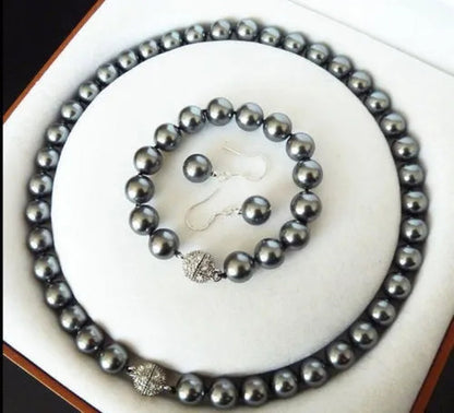 Hot sales 8mm white black brown color south sea shell pearl necklace bracelet earrings set handmade jewelry
