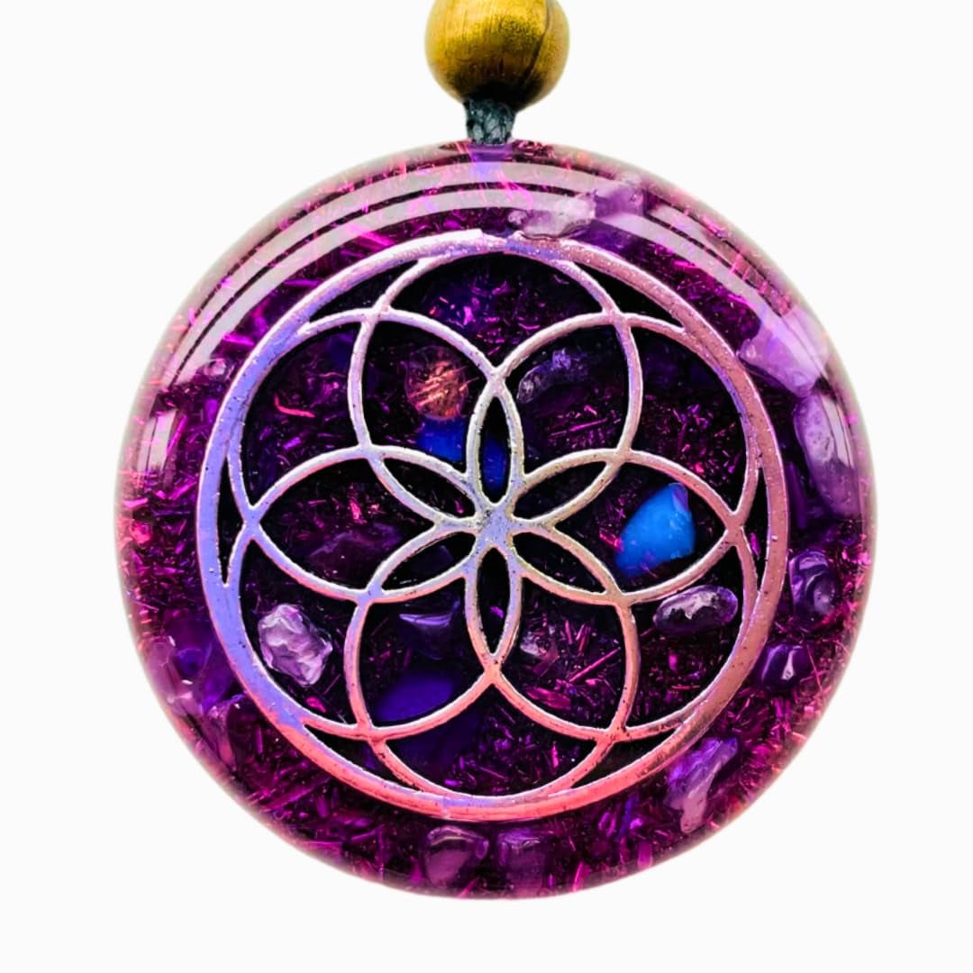 Orgone Necklace by Seed of Life - Healing Crystals - Protection - SBB Coil -Orgonite Pendant Gemstone Amethyst, Moonstone, Rose Quartz, Violet Meditation Yoga, Woman Handmade, Arte Orgones Design
