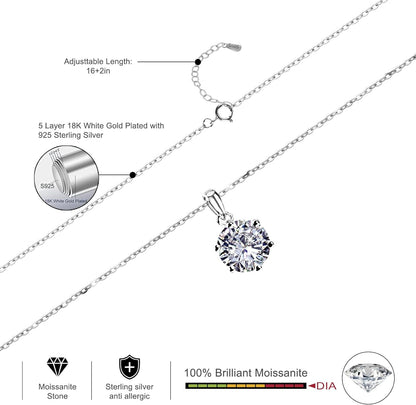 Moissanite Pendant Necklace 1-5CT 18K White Gold Plated Silver D Color Ideal Cut Diamond Necklace for Women with Certificate of Authenticity