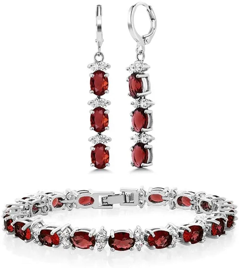 7 Inch Emerald Amethyst Ruby Sapphire and White Tennis Bracelet Set With Matching 2 Inch Oval Dangle Earrings For Women