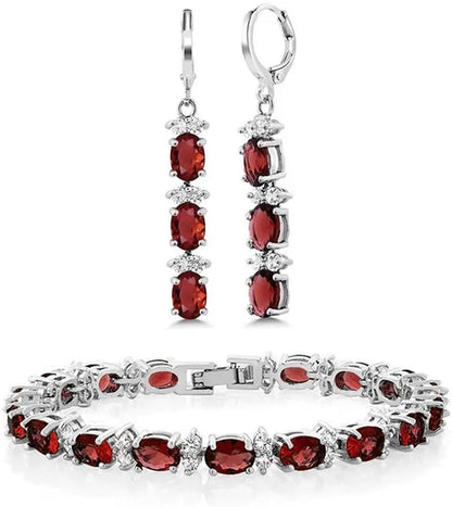 7 Inch Emerald Amethyst Ruby Sapphire and White Tennis Bracelet Set With Matching 2 Inch Oval Dangle Earrings For Women