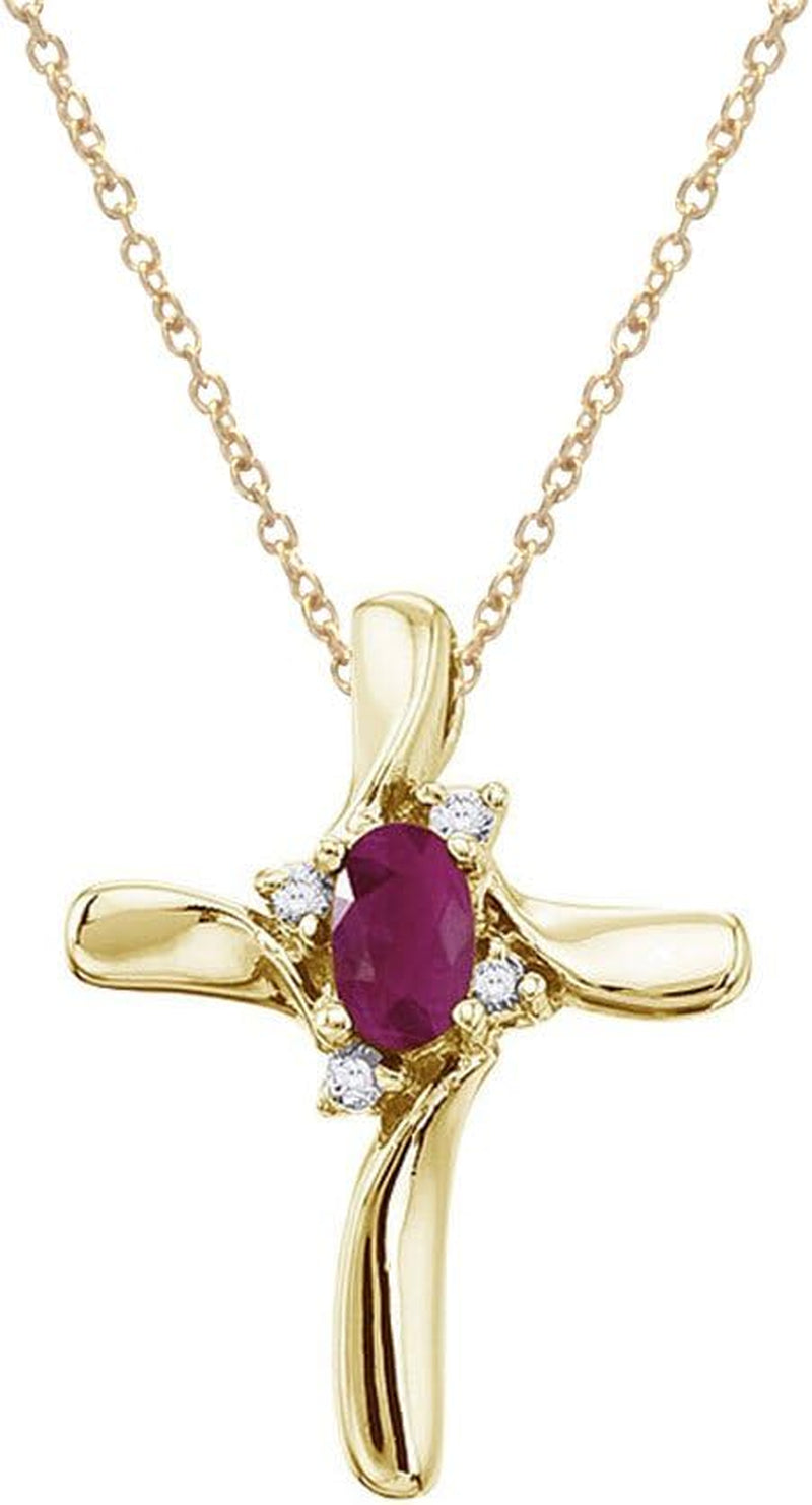 14K Yellow Gold Ruby and Diamond Cross Pendant with 18" Chain