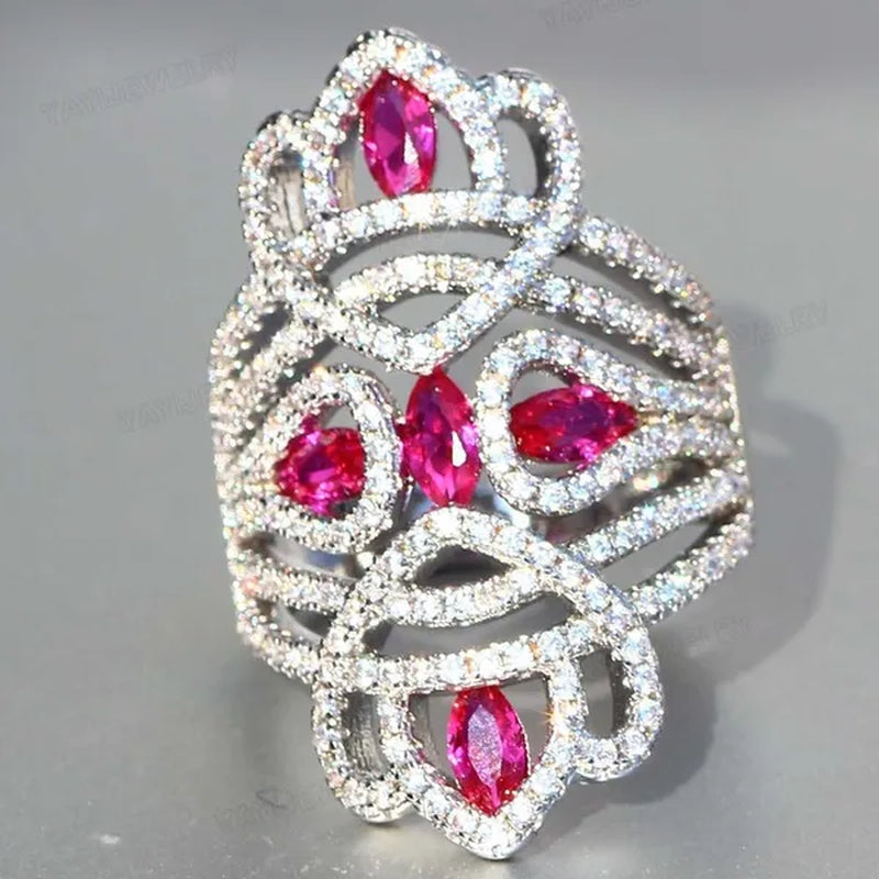 Silver Natural Gemstones White Sapphire & Ruby Ring Birthstone Bride Wedding Engagement Multilayer Princess Cross Ring Size 6 7 8 9 10