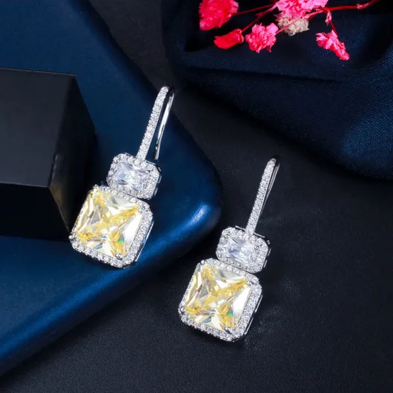 Gloriya Brilliant Sparkly Micro Cubic Zirconia Pave Citrine Square Drop Dangle Hook Earrings Jewelry for Women Fashion Accessory