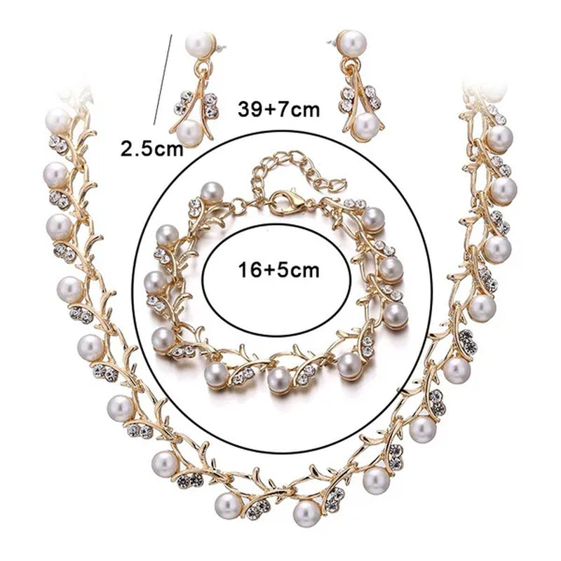 Elegant 3Pcs/Set Party Gift Wedding Bridal Jewelry Diamond Imitation Pearl Necklace Earring Sets