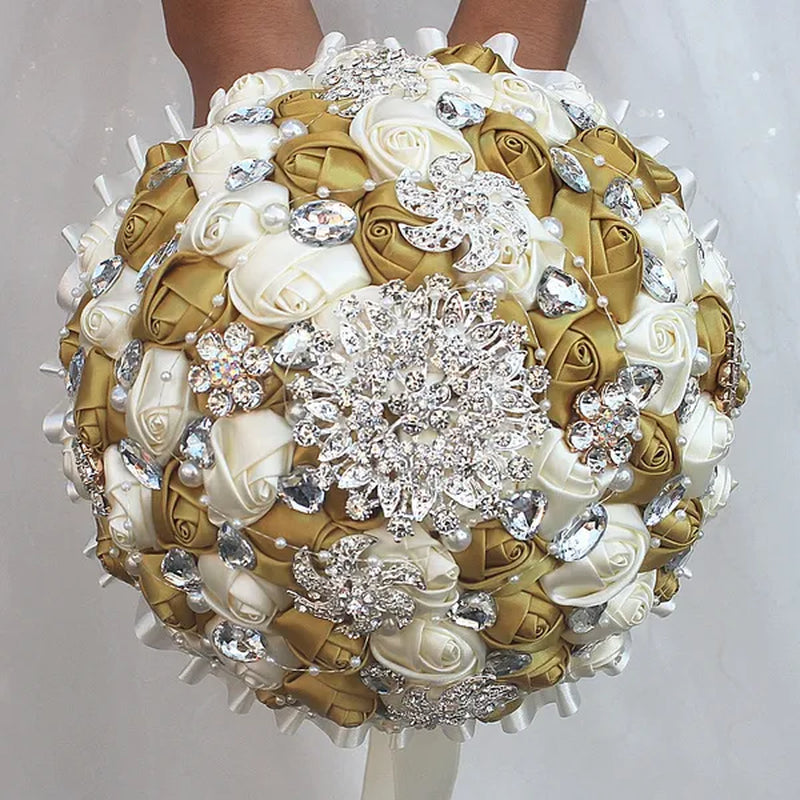 Bride Wedding Bouquet Ivory Gold Rose Flower Crystal Brooch Bouquet Flowers Diameter 18CM