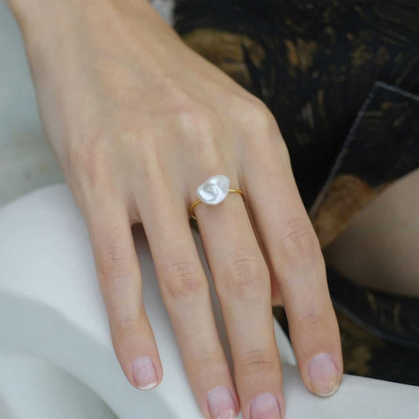 Natural Freshwater Baroque Pearl Ring for Women, Dainty Minimalist Adjustable Rings Band Gold Pearl Charm Ring Jewelry Anniversary Gift for Mom Lover Her (14K Gold Plated)